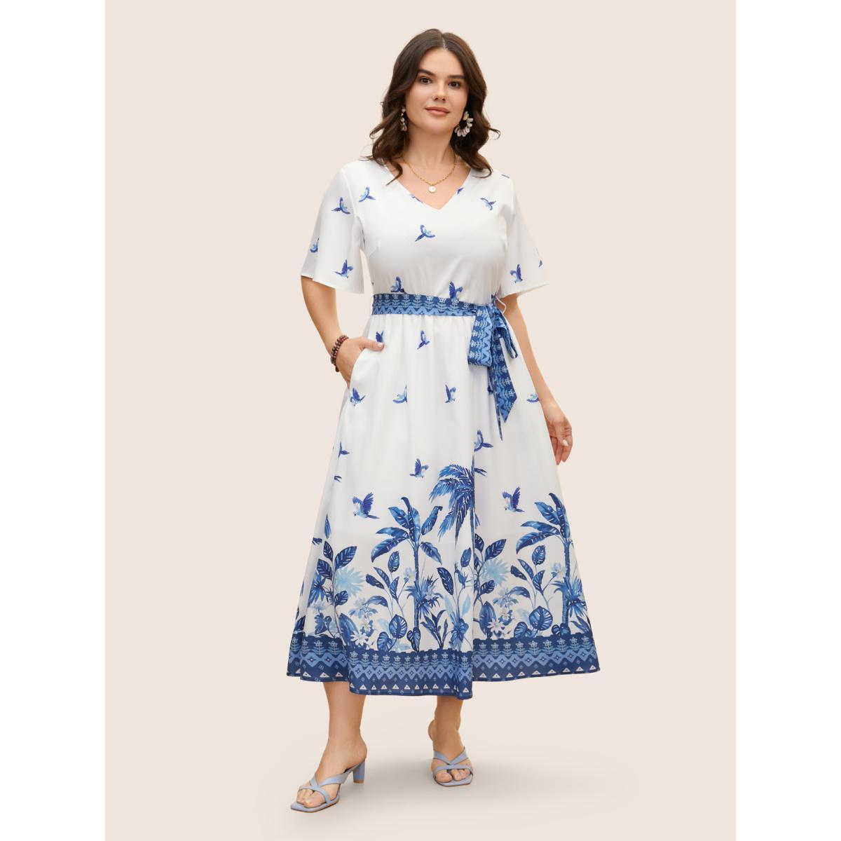 Plus Size V Neck Tropical Print Ruffle Sleeve Maxi Dress Mediumblue Women Resort Tie knot V-neck Short sleeve Curvy BloomChic 18-20/2X Product Image