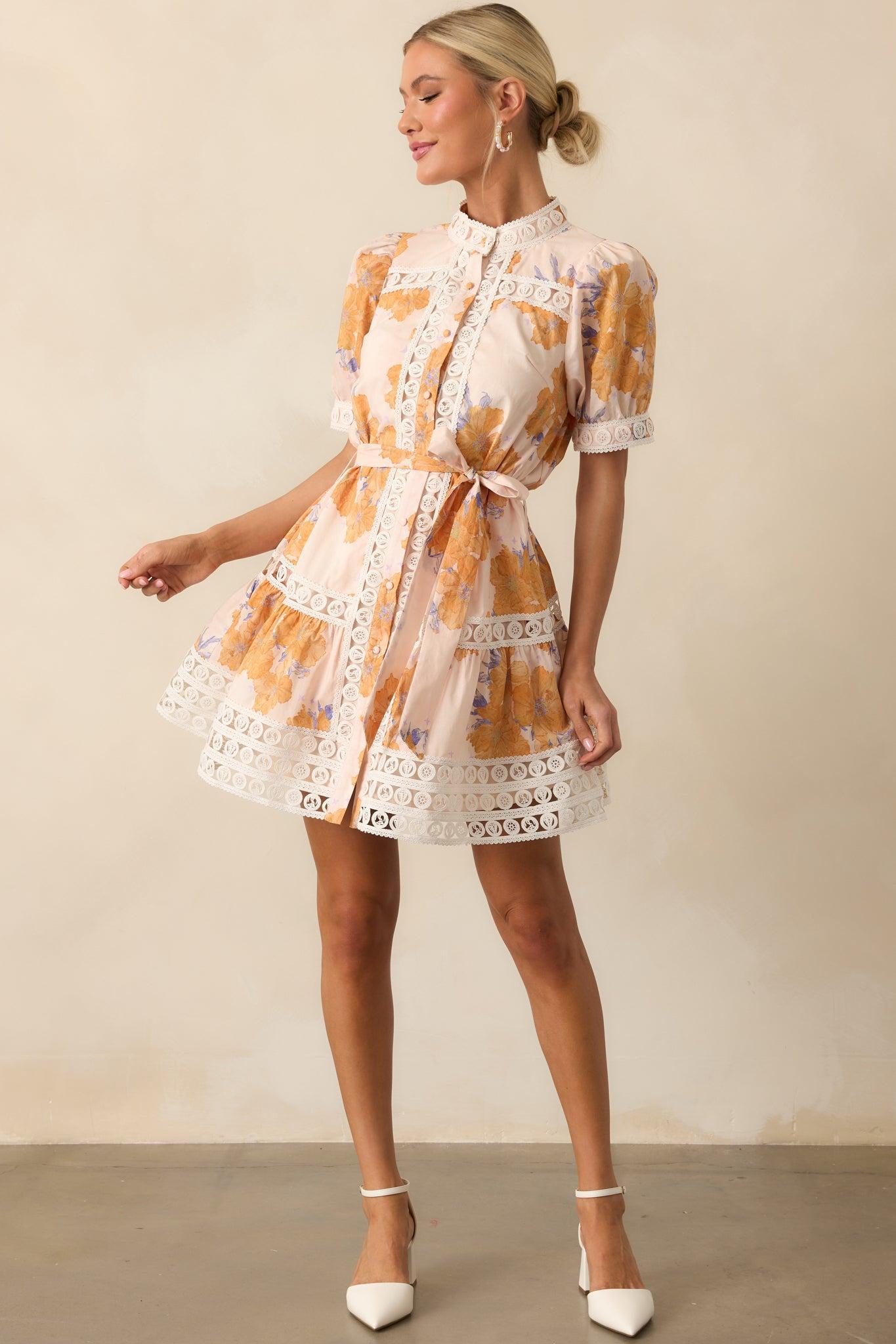 Past The Garden Gates Honey Yellow Floral Cotton Mini Dress Product Image