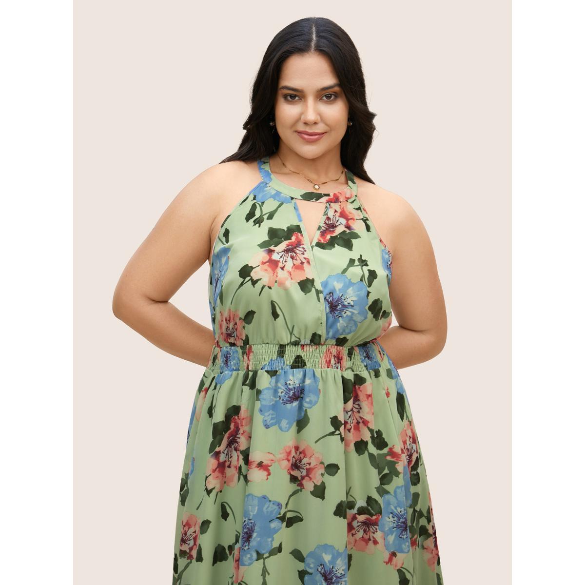 Plus Size Floral Shirred Asymmetrical Hem Sleeveless Dress Palemauve Women Elegant Asymmetrical Round Neck Sleeveless Curvy BloomChic 30/6X Product Image