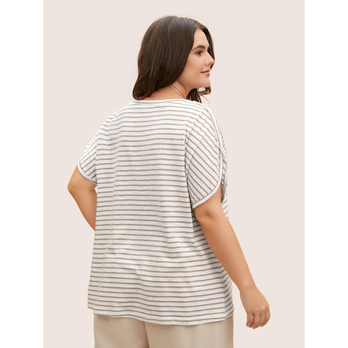 Plus Size Cotton Striped Print Round Neck Petal Sleeve T-shirt Tan Women Casual Contrast Round Neck Everyday T-shirts BloomChic 22-24/3X Product Image