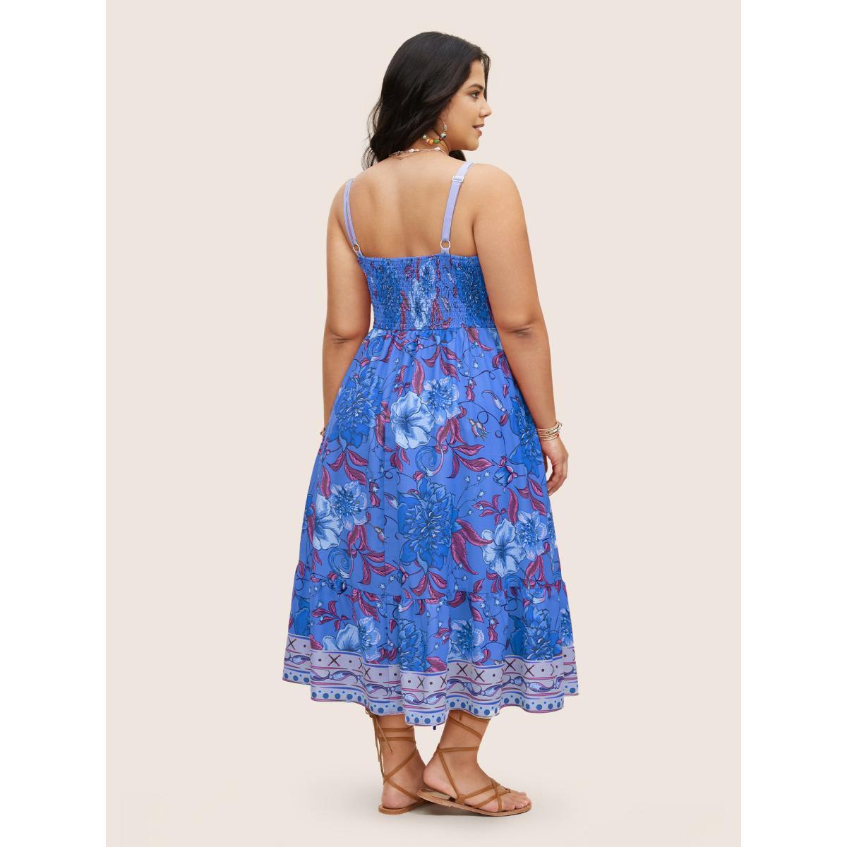 Plus Size Floral Print Elastic Waist Shirred Cami Dress Skyblue Women Resort Non V-neck Sleeveless Curvy BloomChic 12/L Product Image