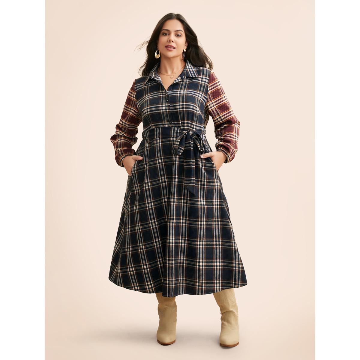 Plus Size Shirt Collar Plaid Contrast Belted Dress Multicolor Women Casual Belted Shirt collar Long Sleeve Curvy BloomChic 14-16/1X Product Image
