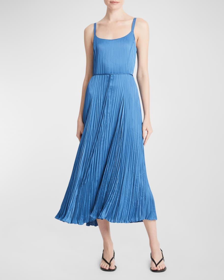 Womens Crushed Satin Pleated Tie-Waist Slip Midi-dress Product Image