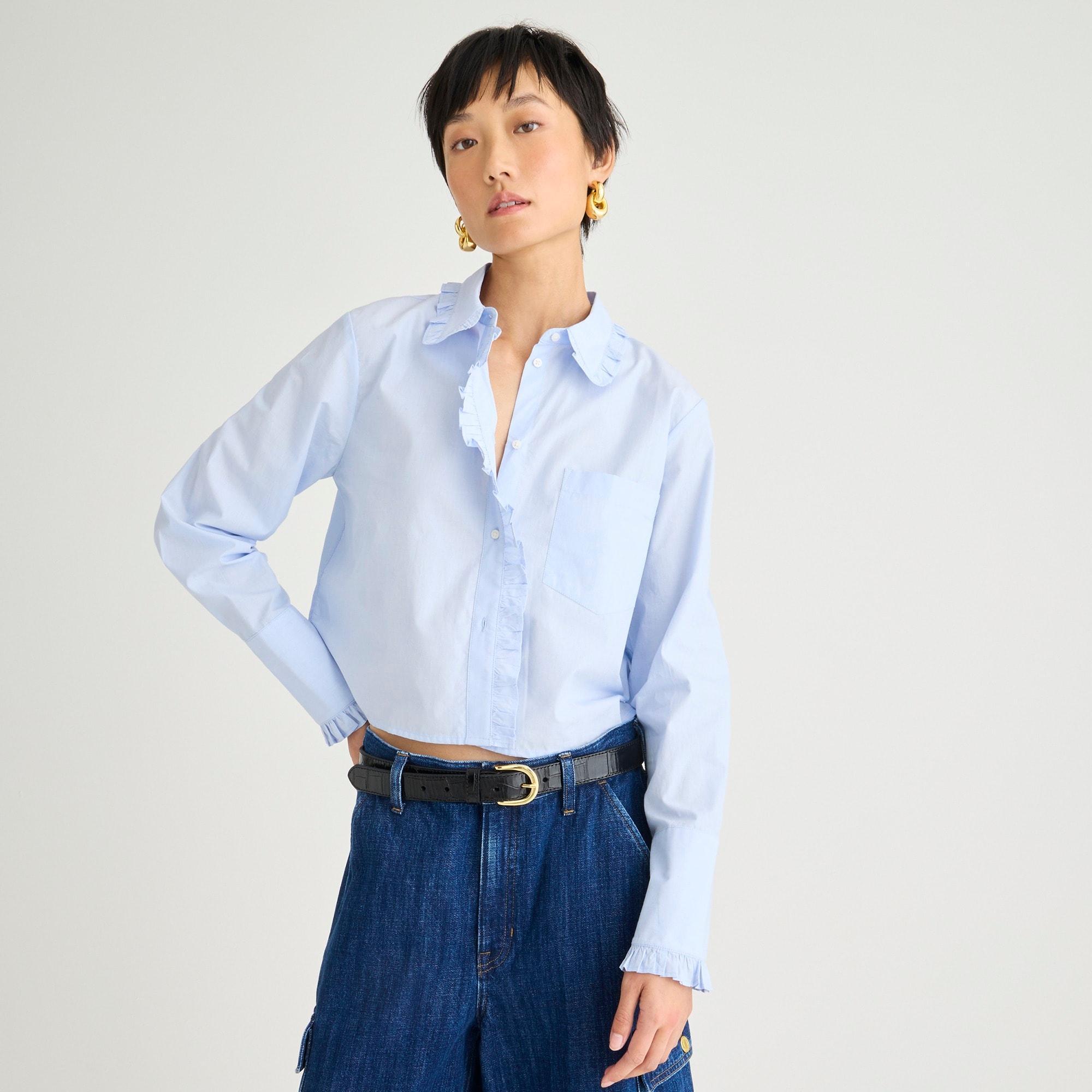 Ruffle-trim button-up shirt in cotton poplin Product Image