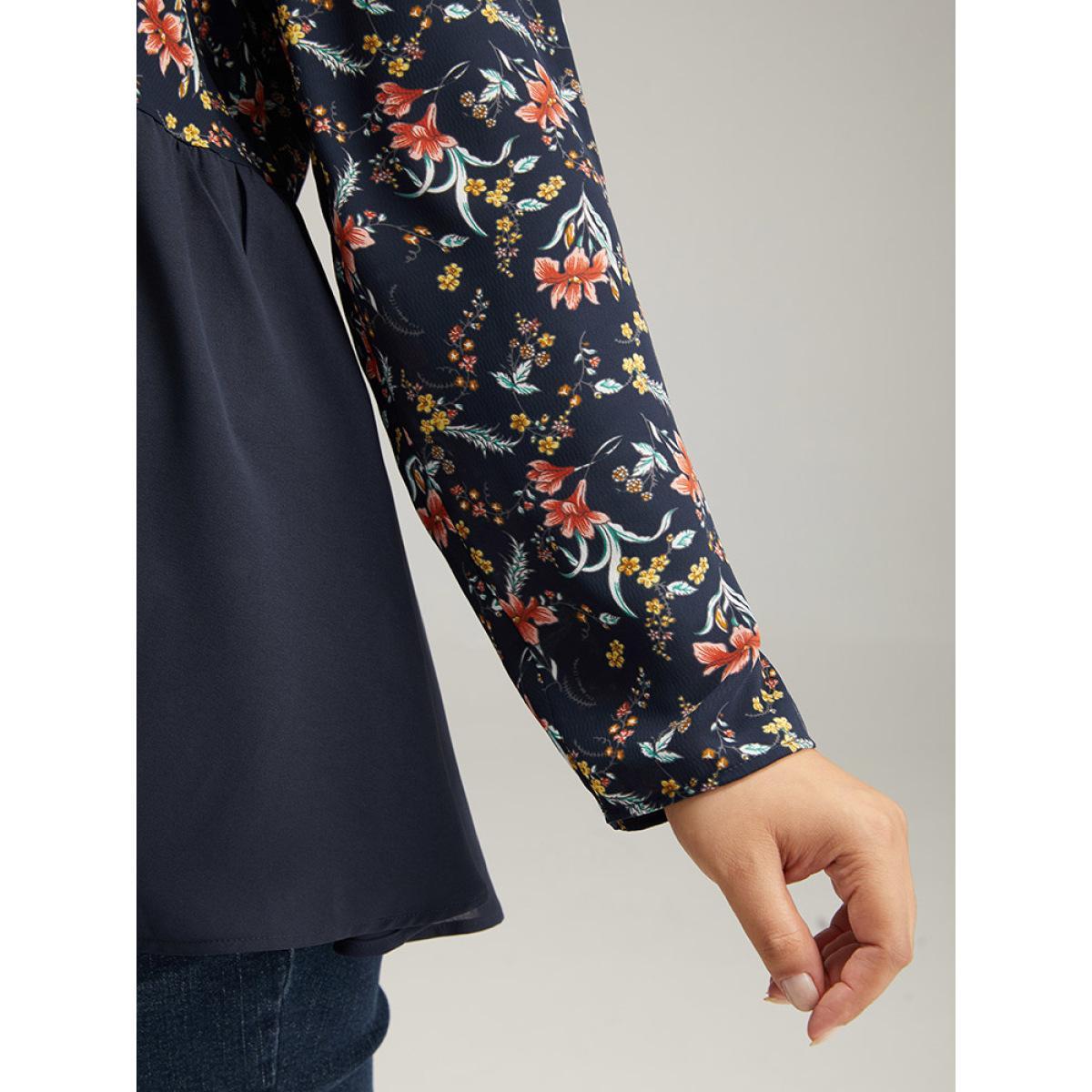 Plus Size Indigo Floral Print Patchwork Pleated Blouse Women Elegant Long Sleeve V-neck Dailywear Blouses BloomChic 10/M Product Image
