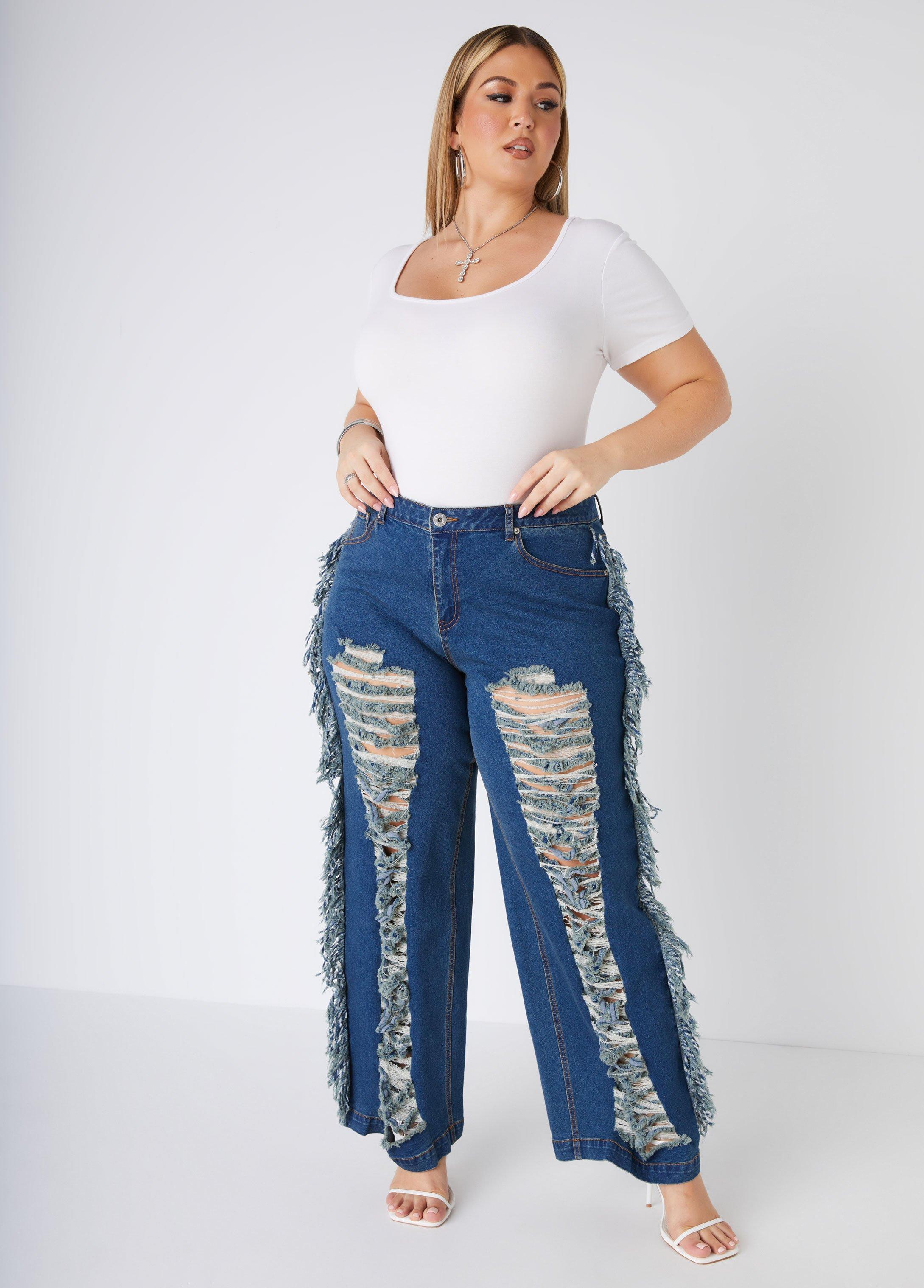 Plus Size Fringed Distressed Wide Leg Jeans Ashley Stewart Product Image