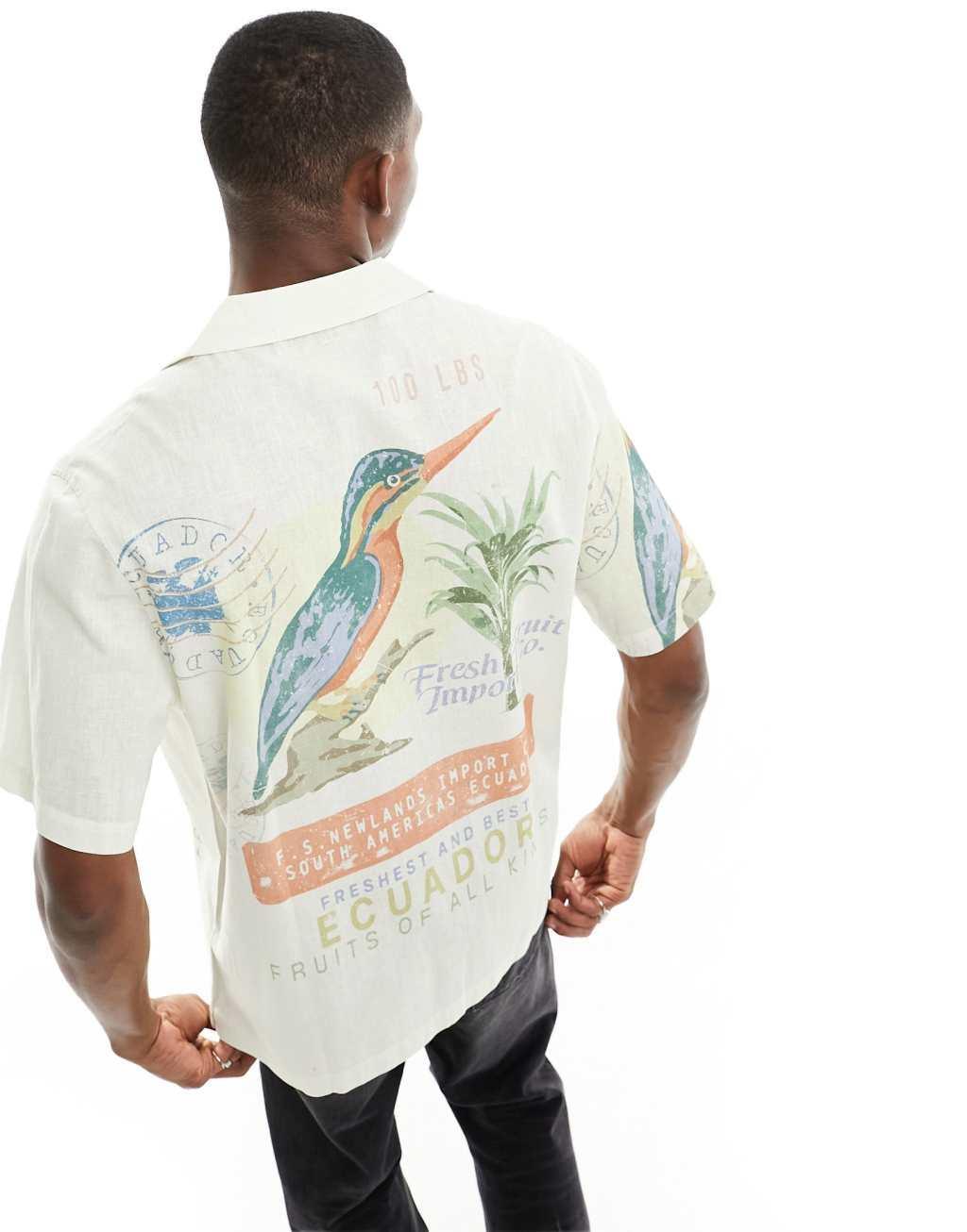 ASOS DESIGN relaxed revere shirt with bird print-White Product Image