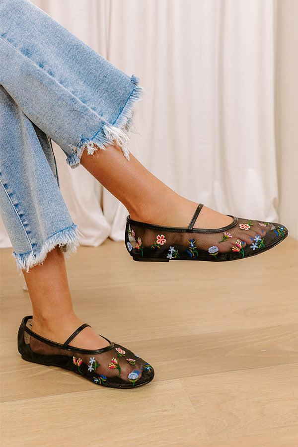 The Violet Mesh Embroidered Flats in Black Product Image