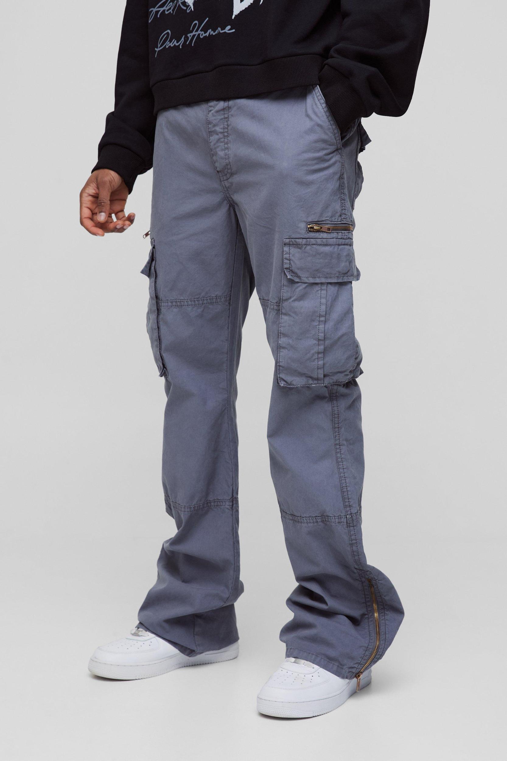 Tall Slim Flare Zip Gusset Overdye Acid Wash Cargo Pants | boohooMAN USA Product Image