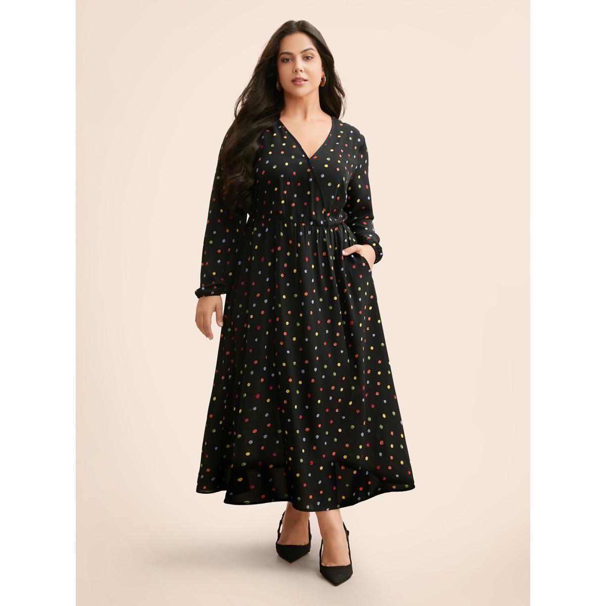 Plus Size Overlap Collar Color Polka Dot Dress Black Women Elegant Gathered Overlap Collar Long Sleeve Curvy BloomChic 14-16/1X Product Image