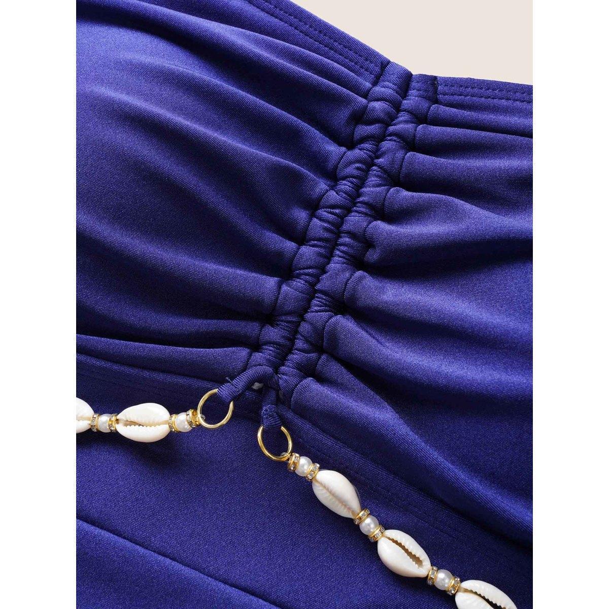 Plus Size Plain Shell Detail Gathered One Piece Swimsuit Women's Swimwear Indigo Beach Wraparound straps Curve Bathing Suits High stretch One Pieces BloomChic 18-20/2X Product Image
