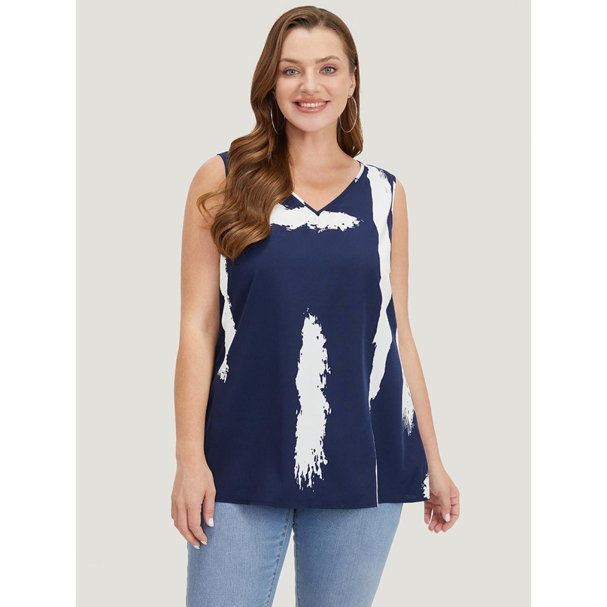Plus Size Brush Print V Neck Tank Top Women Navy Casual V-neck Dailywear Tank Tops Camis BloomChic 22-24/3X Product Image