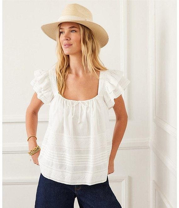 Karen Kane Embroidered Square Neck Short Ruffle Sleeve Blouse Product Image