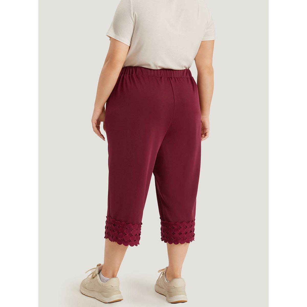 Plus Size Plain Pocket Elastic Waist Trim Hem Pants Women Burgundy Casual High Rise Dailywear Pants BloomChic 14-16/1X Product Image