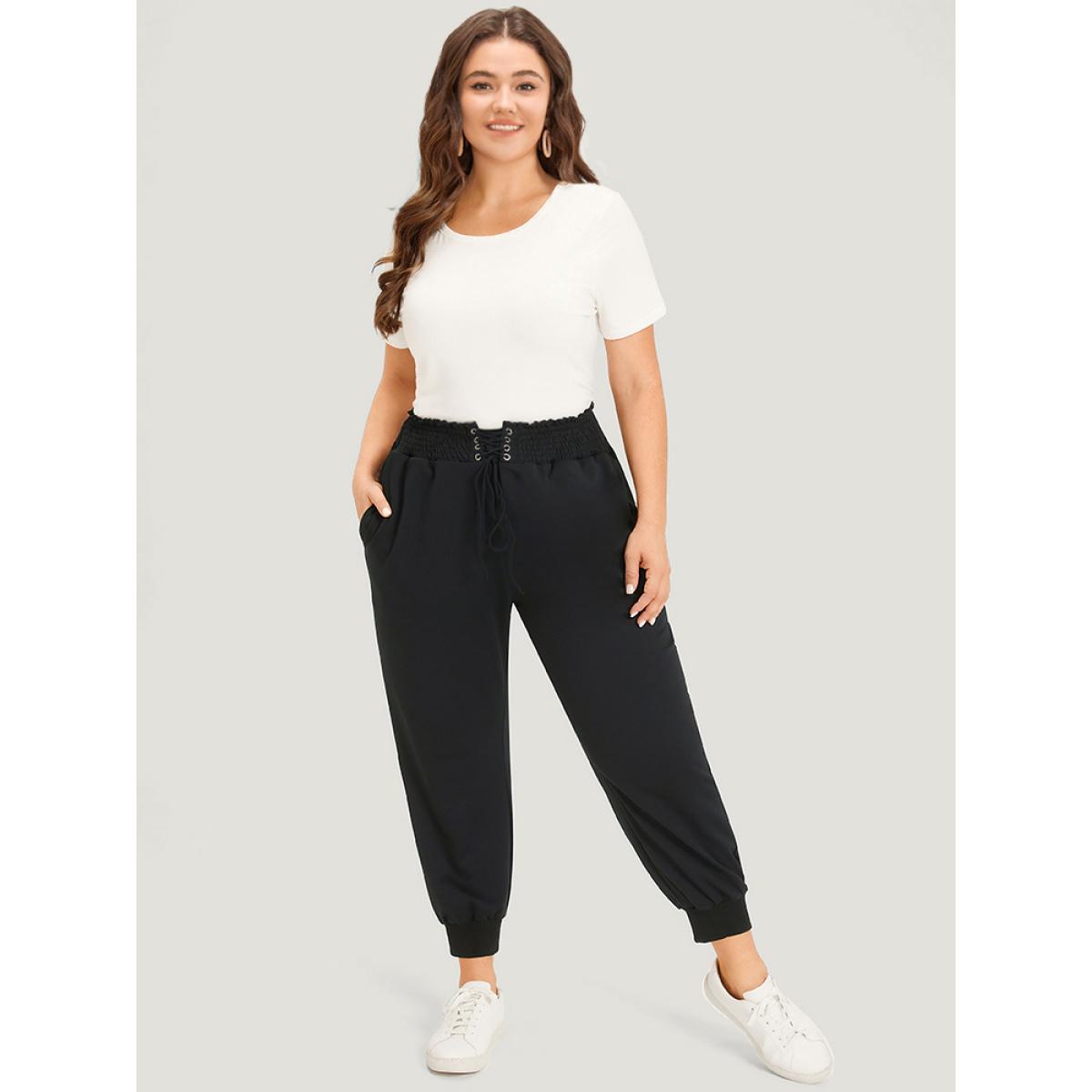 Solid Pocket Bowknot Shirred Sweatpants Black Plus Size Women Casual Dailywear Drawstring 26/4X Bloomchic Product Image