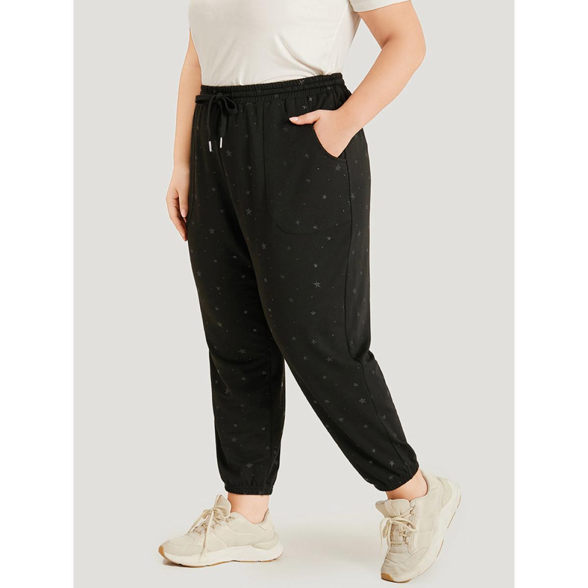 Star Drawstring Slant Pocket Elastic Waist Sweatpants Black Plus Size Women Casual Dailywear Elastic Waist 30/6X Bloomchic Product Image