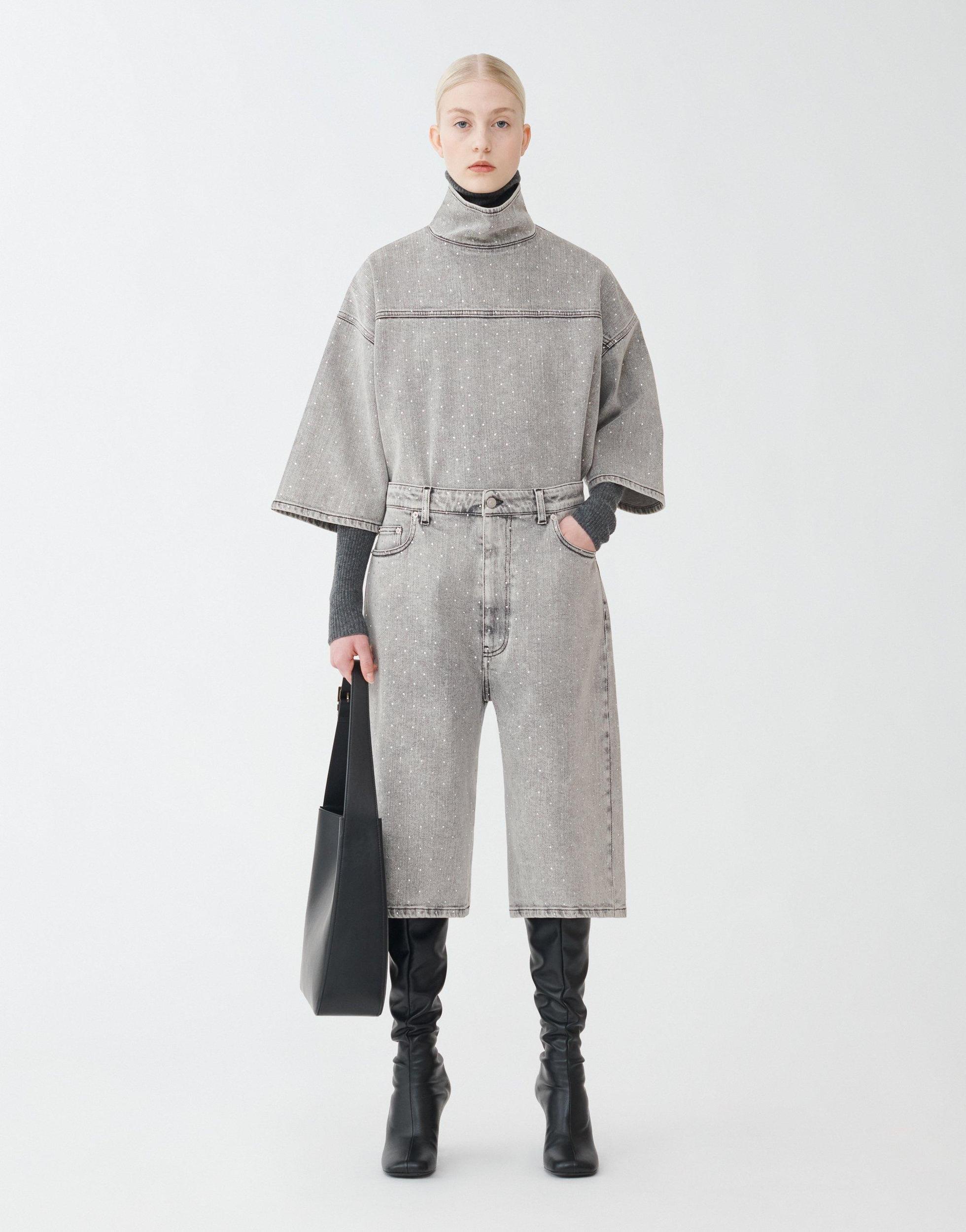 FABIANA FILIPPI Short Sleeve Gray Denim Top With Strass In Grey Product Image