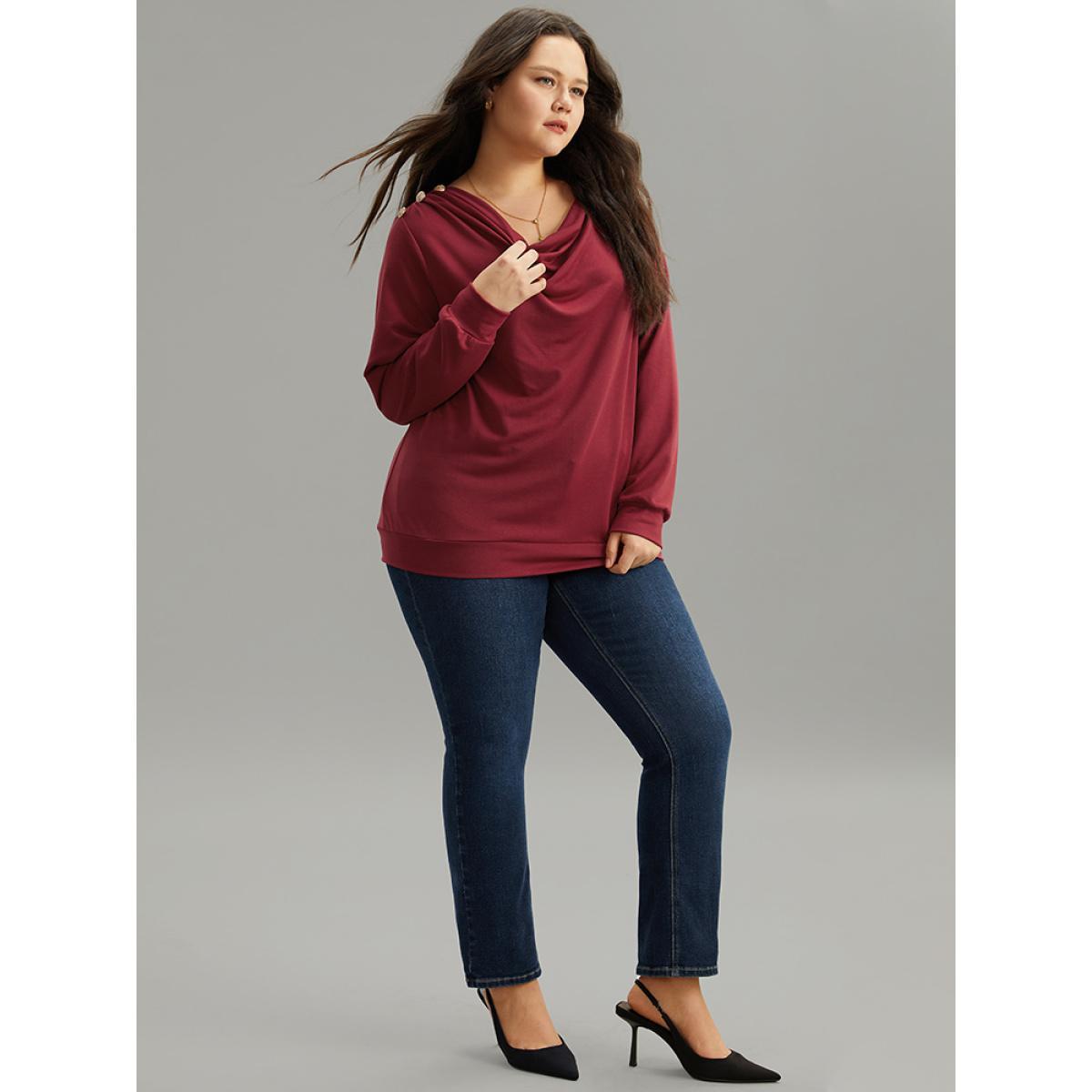 Plus Size Solid Cowl Neck Metal Detail Sweatshirt Women Red Elegant Plain Cowl Neck Dailywear Sweatshirts BloomChic 30/6X Product Image