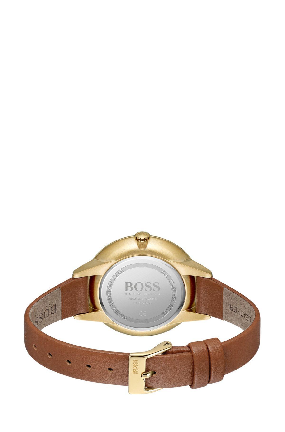 BOSS - Gold-toned watch with crystal accents and leather strap Product Image