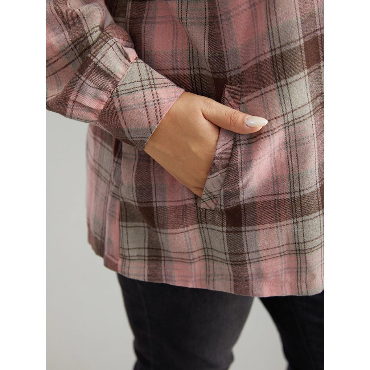 Plus Size Plaid Contrast Flap Pocket Button Fly Shacket Women Watermelon Casual Contrast Ladies Dailywear Winter Coats BloomChic 10/M Product Image