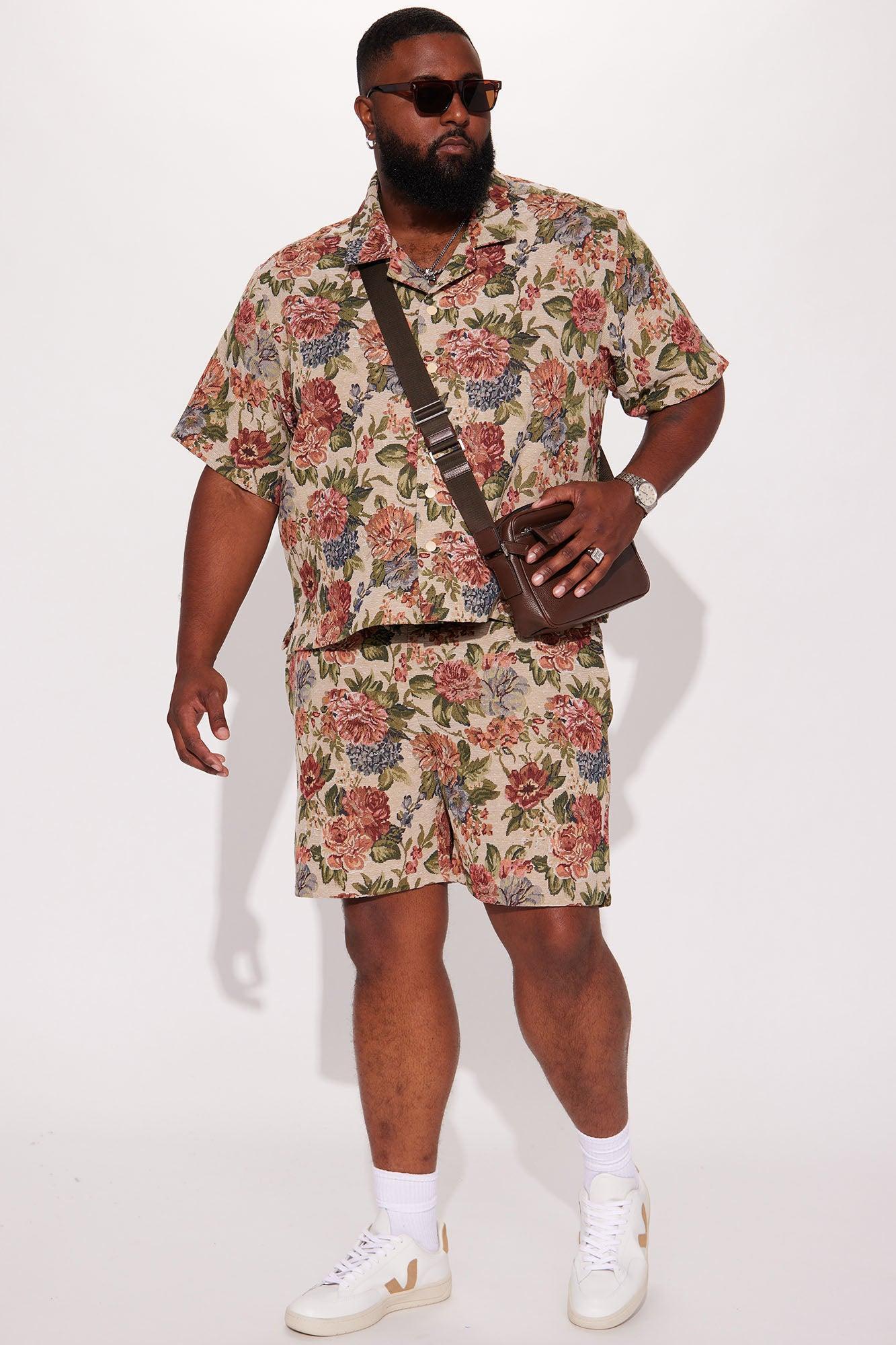 Flowers Blooming Cropped Tapestry Short Sleeve Button Up Shirt - Multi Color Product Image