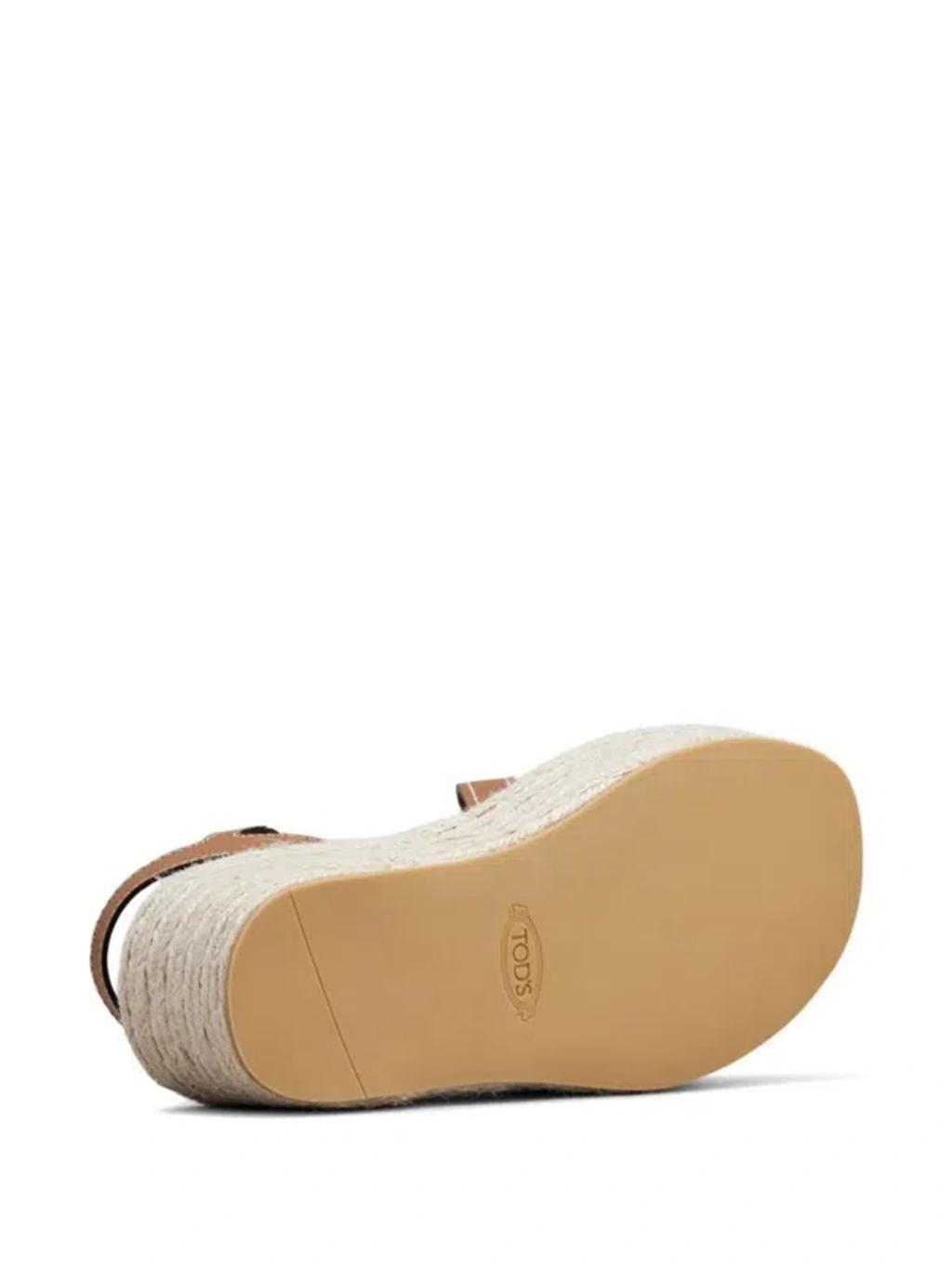 TOD'S Rafia And Leather Wedge Sandals In Brown Product Image