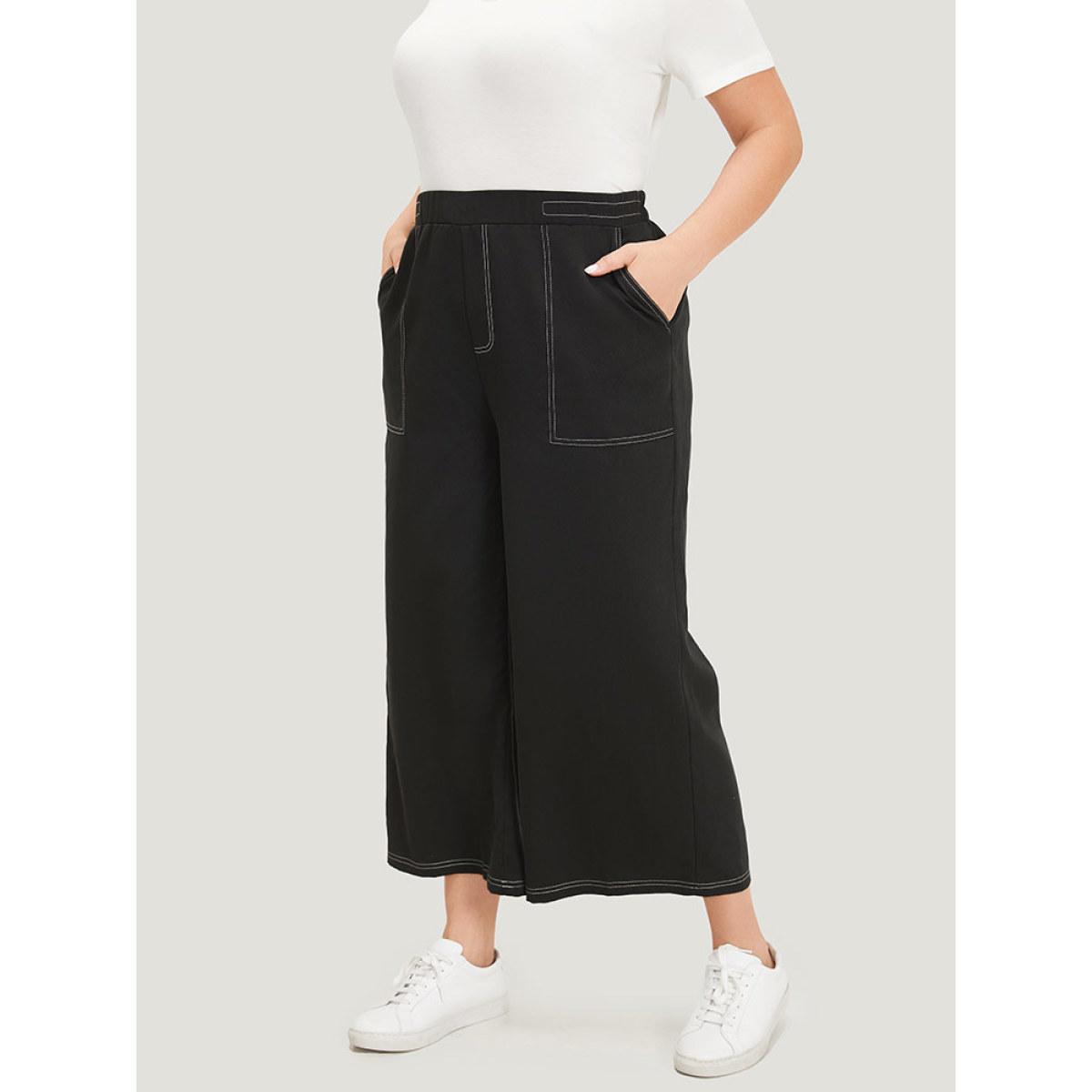Plus Size Plain Stitch Slant Pocket High Rise Pants Women Black Elegant Straight Leg High Rise Dailywear Pants BloomChic 28/5X Product Image