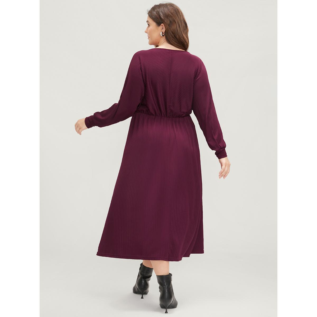 Plus Size Solid Dolman Sleeve Pocket Rib Knit Wrap Dress Burgundy Women Elegant Wrap V-neck Long Sleeve Curvy Midi Dress BloomChic 22-24/3X Product Image