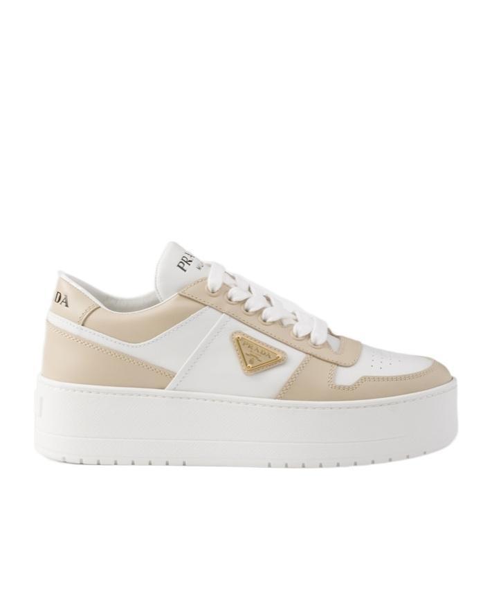 PRADA Downtown Bold Platform-sole Leather Trainers In White Beige Product Image