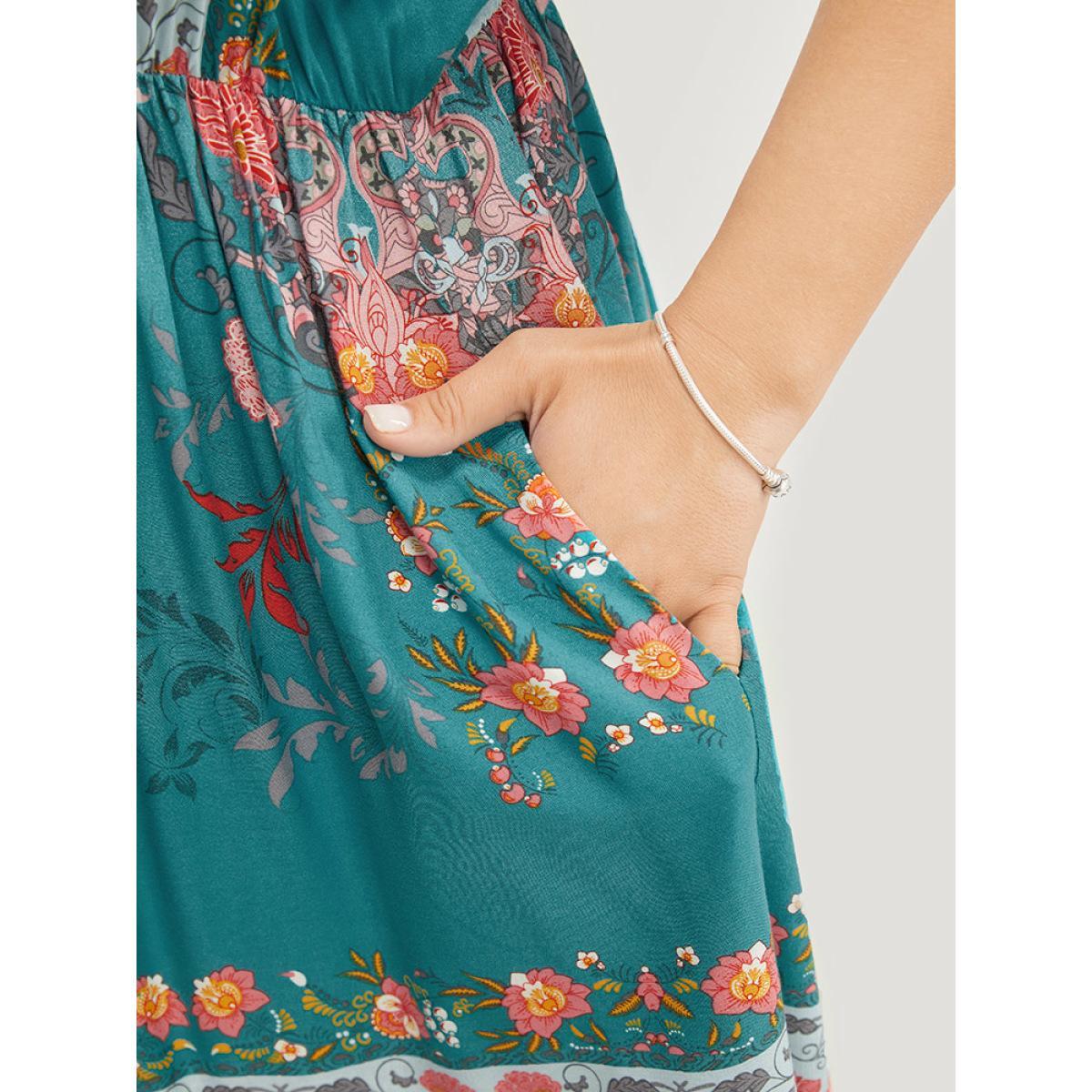 Plus Size Bandana Print Ruffle Sleeve Pocket Tie Neck Tassels Dress Emerald Women Vacation Tassels Tie Neck Short sleeve Curvy Knee Dress BloomChic 12/L Product Image