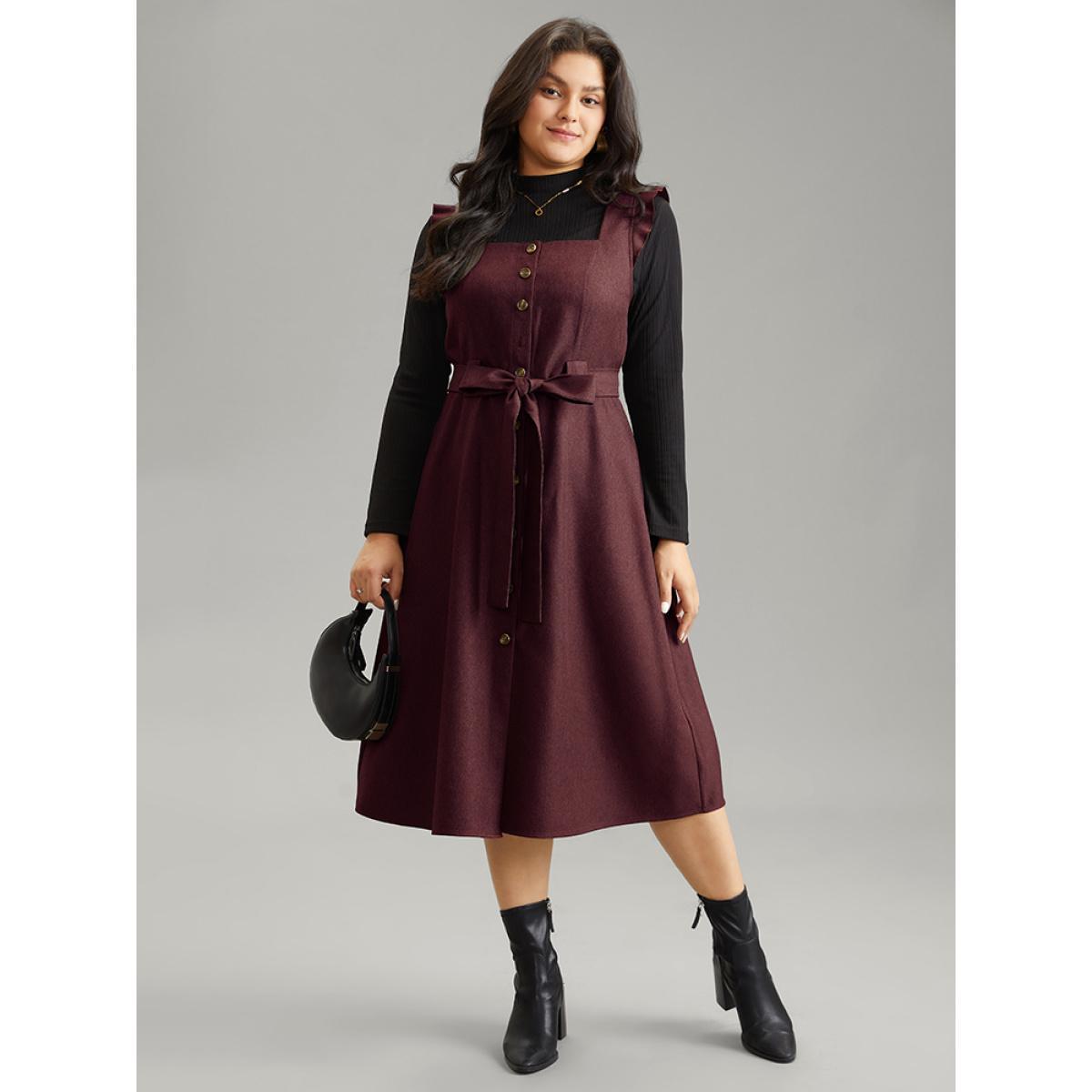 Plus Size Solid Belted Ruffle Trim Button Through Sleeveless Dress Burgundy Women Office Plain Square Neck Sleeveless Curvy Midi Dress BloomChic 10/M Product Image