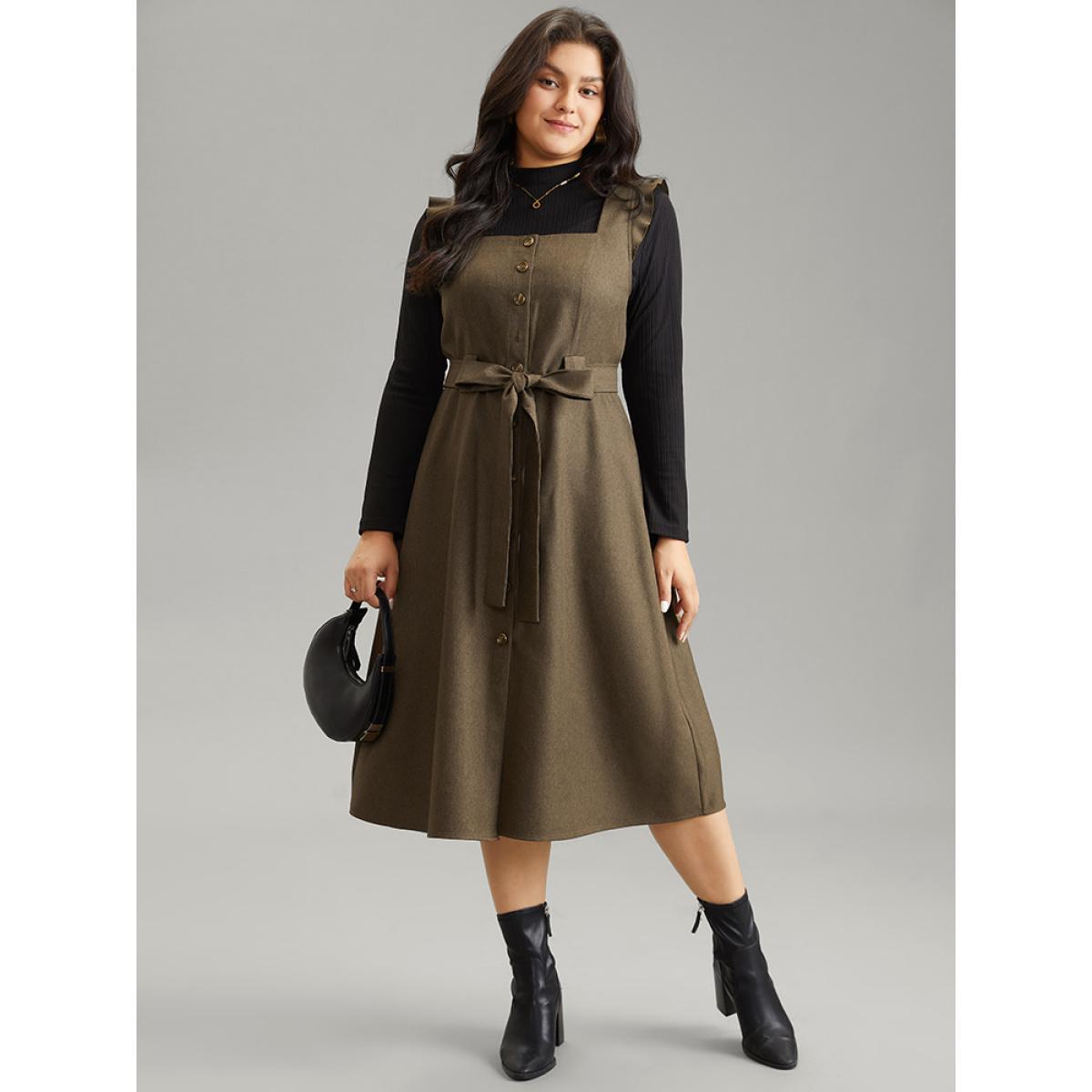 Plus Size Solid Belted Ruffle Trim Button Through Sleeveless Dress ArmyGreen Women Office Plain Square Neck Sleeveless Curvy Midi Dress BloomChic 18-20/2X Product Image