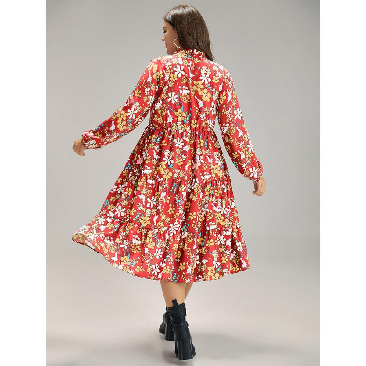 Plus Size Floral Print Keyhole Shirred Dress Salmon Women Elegant Elastic cuffs Mock Neck Long Sleeve Curvy Midi Dress BloomChic 28/5X Product Image