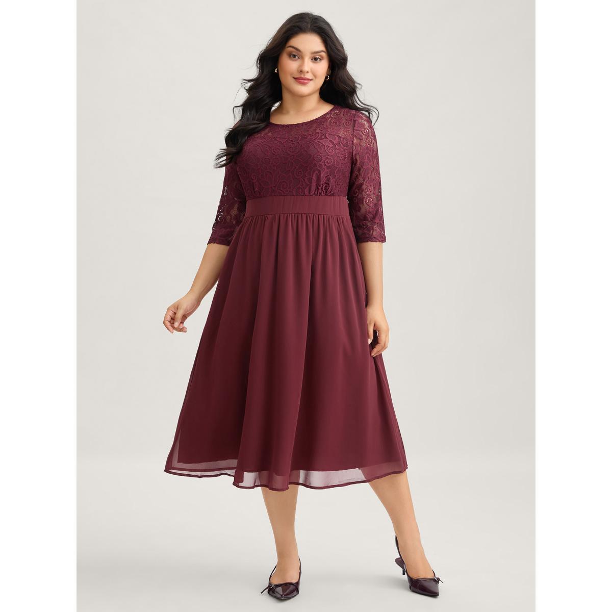 Plus Size Lace Patchwork Shirred Midi Pocket Dress Burgundy Women Cocktail Woven ribbon&lace trim Round Neck Elbow-length sleeve Curvy BloomChic 28/5X Product Image