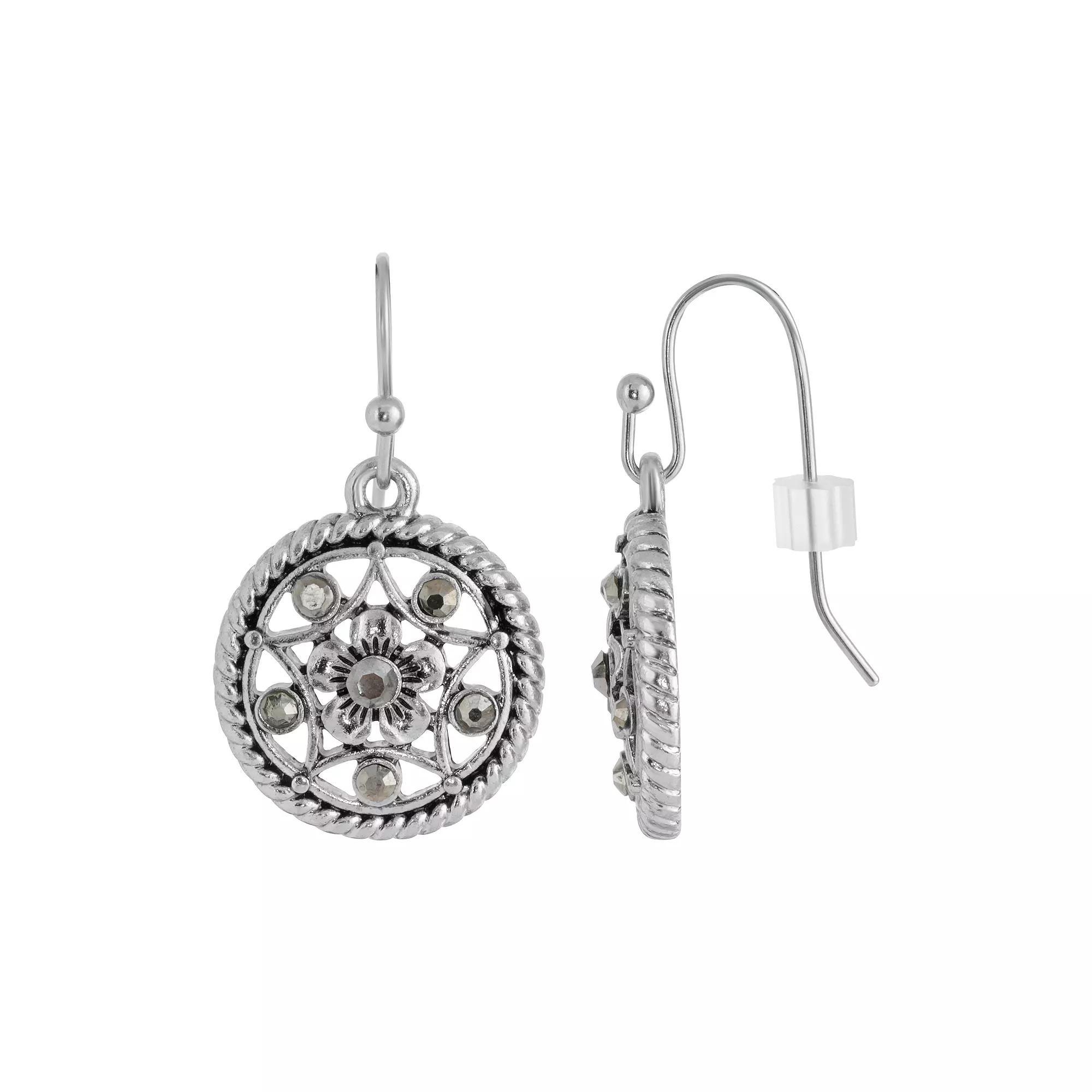1928 Silver Tone Light Purple Round Filigree Drop Earrings, Womens Product Image