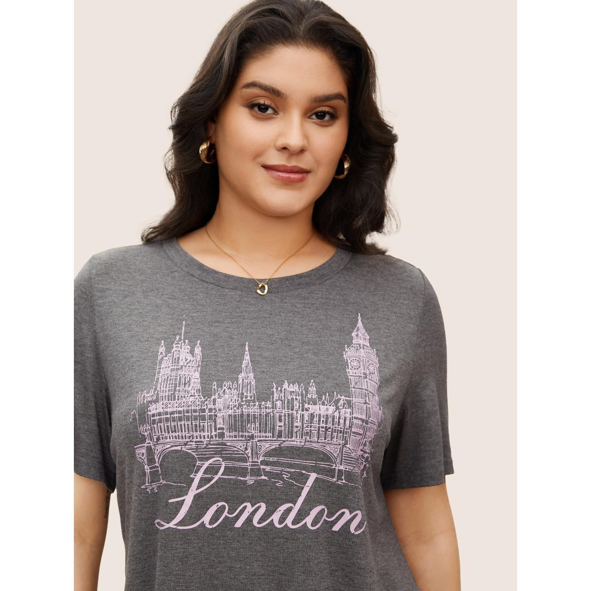 Plus Size City Print Heather Crew Neck T-shirt Gray Women Elegant Contrast Area Everyday T-shirts BloomChic 30/6X Product Image
