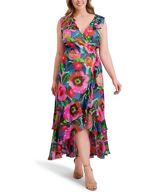 Kensie Plus Size Floral Printed High-Low Hem Chiffon Dress Product Image
