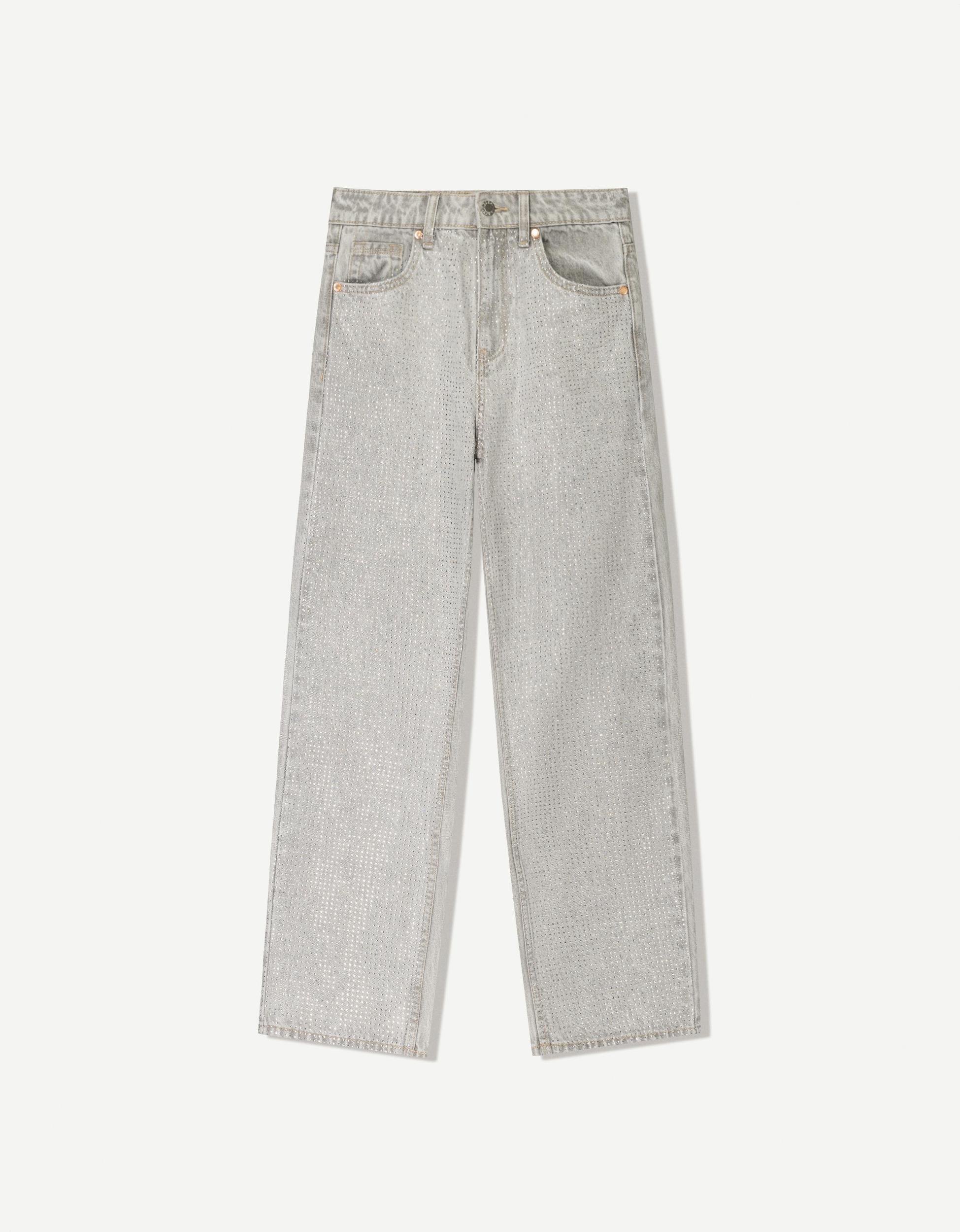 Straight cropped jeans with rhinestones Product Image