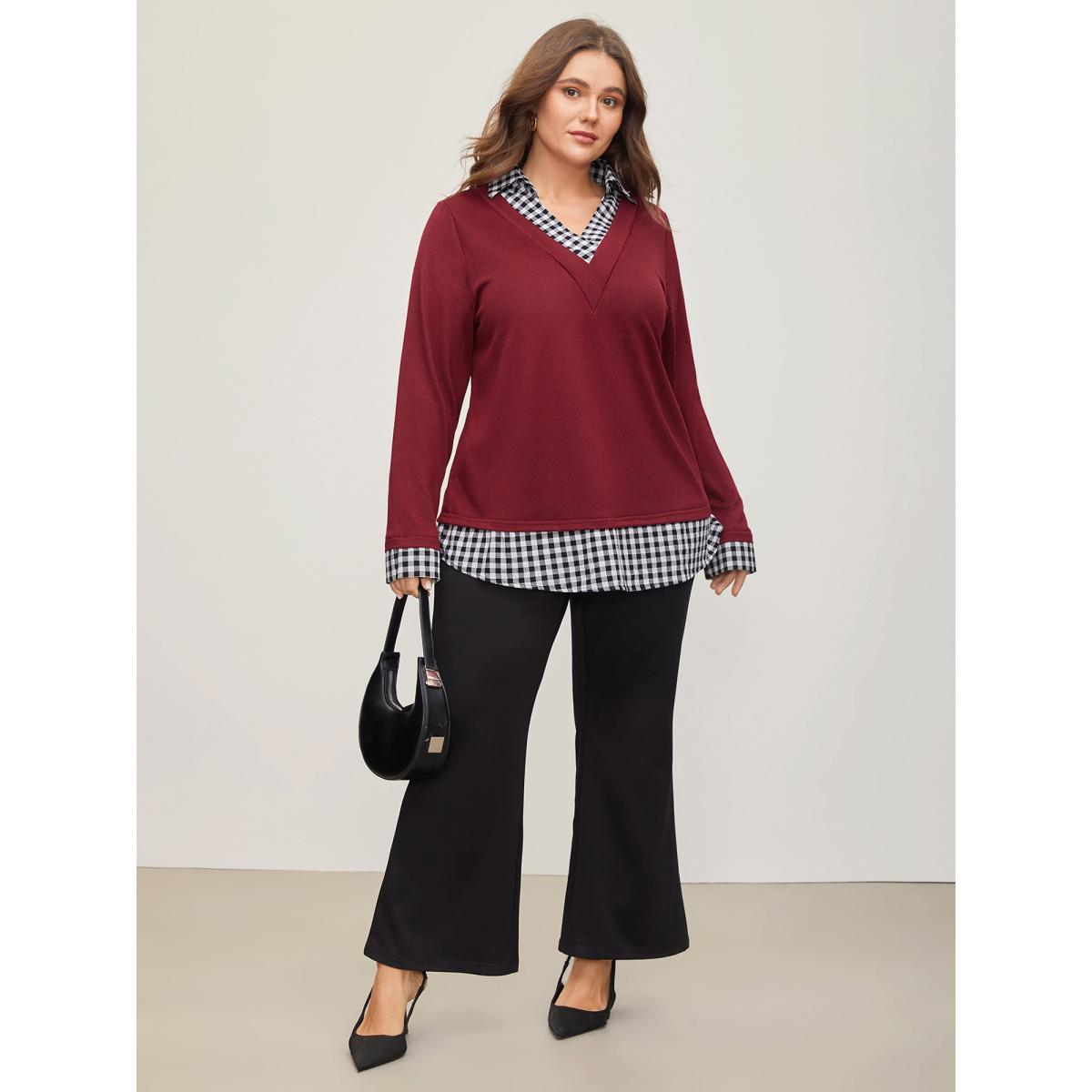 Plus Size Gingham Patchwork Shirt Collar Arc Hem Sweatshirt Women Scarlet Casual Patchwork V-neck Everyday Sweatshirts BloomChic 22-24/3X Product Image