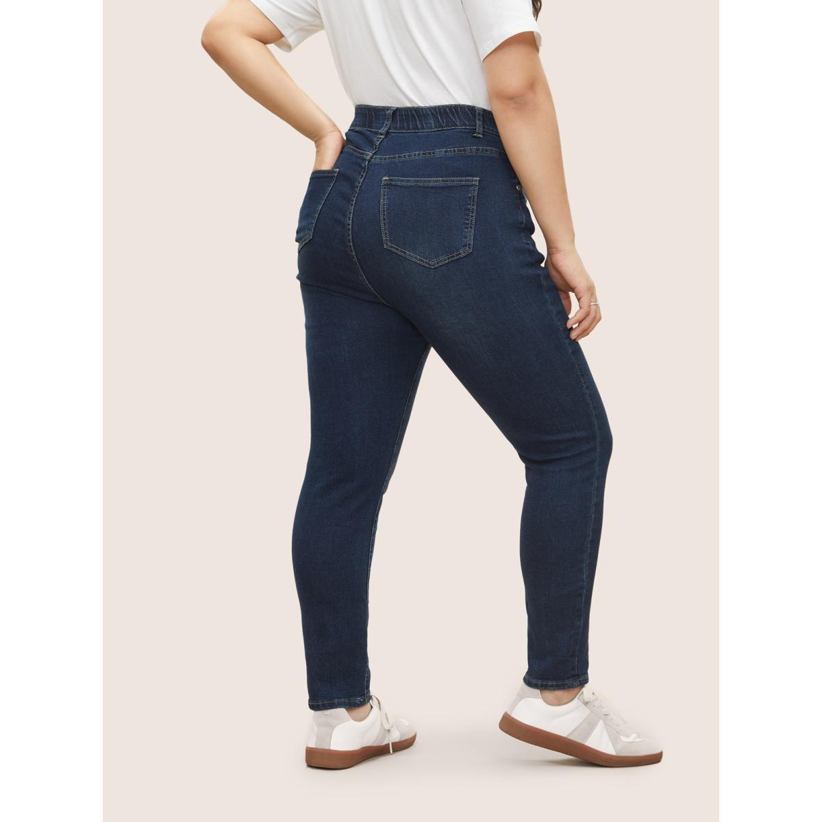 Plus Size Skinny Very Stretchy High Rise Dark Wash Gap Proof Jeans Women DarkBlue Casual Plain Non High stretch Slanted pocket Jeans BloomChic 22/3X Product Image