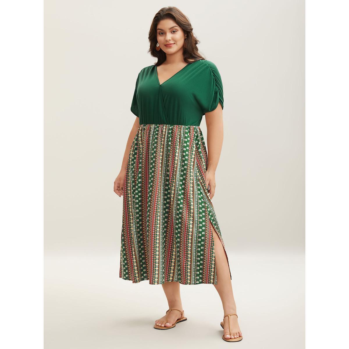Plus Size Boho Stripes Spliced Ruched Sleeve Midi Dress Truegreen Women Gathered Overlap Collar Short sleeve Curvy BloomChic 14-16/1X Product Image