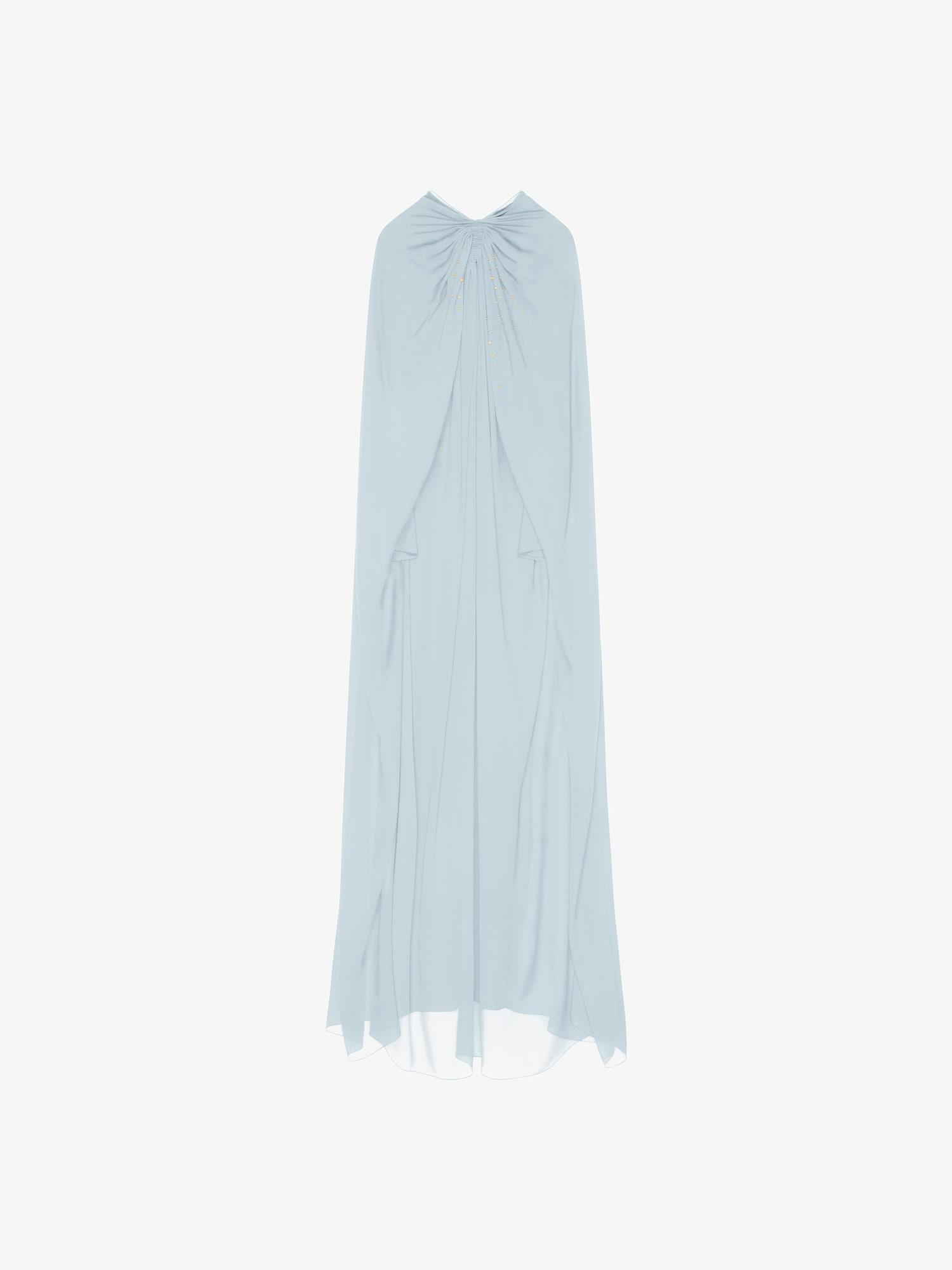 Evening cape dress in silk georgette with pearls Product Image