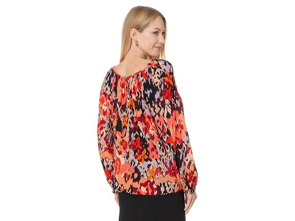 Liverpool Los Angeles Long Sleeve Shirred Woven Blouse Crepe Georgette (Burnt Orange Floral) Women's Clothing Product Image