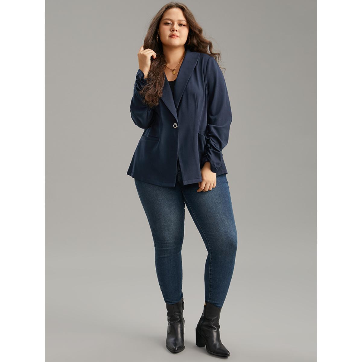 Plus Size Plain Lapel Collar Button Fly Patched Pocket Blazer Midnight Women Dailywear Plain Plain Sleeve Long Sleeve Lapel Collar 30/6X Pocket Casual Blazers BloomChic Product Image