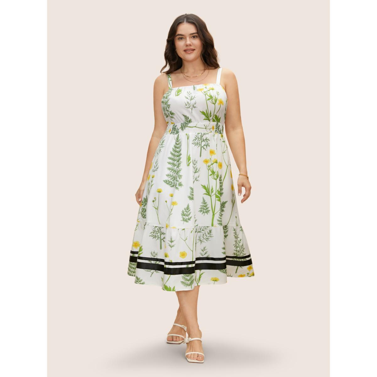 Plus Size Square Neck Boho Print Adjustable Straps Dress Ivory Women Elegant Woven ribbon&lace trim Square Neck Sleeveless Curvy BloomChic 18-20/2X Product Image