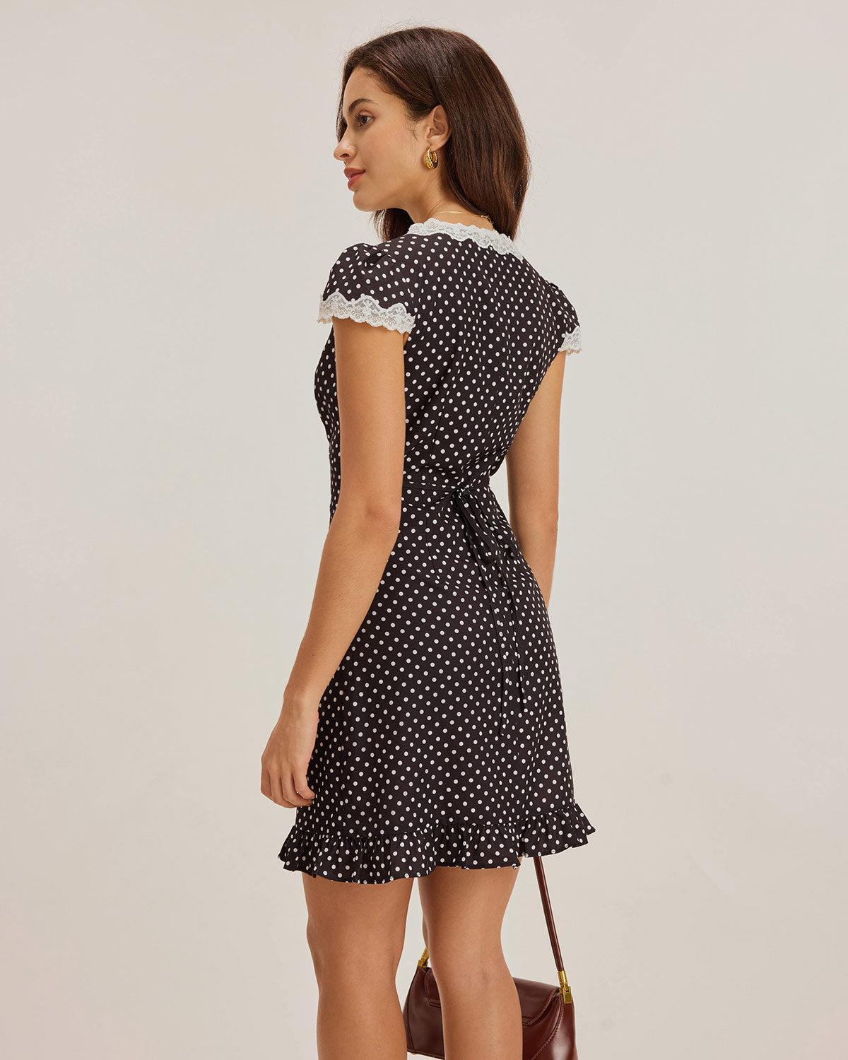 Black Polka Dot V-Neck Mini Dress Product Image