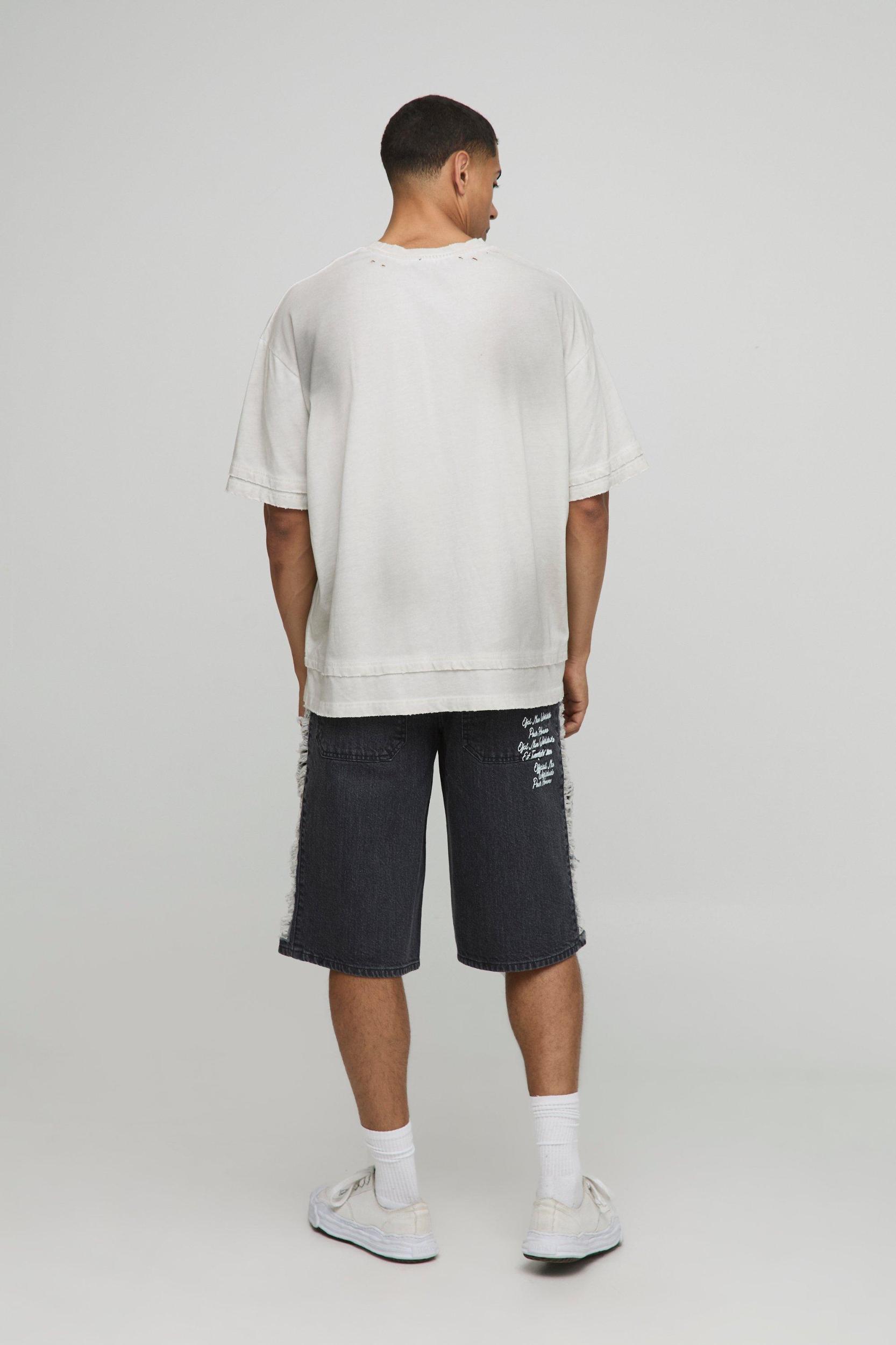 Longline Rigid Printed Distressed Gusset Jorts In Charcoal | boohooMAN USA Product Image