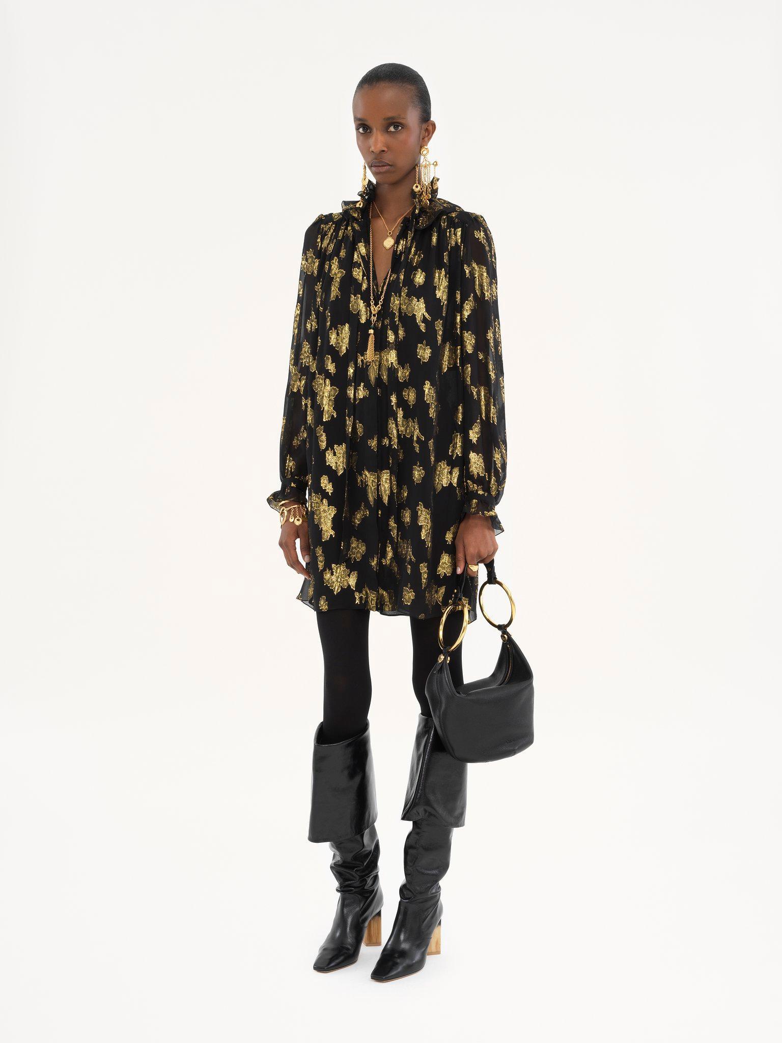 Tie-front mini dress in silk jacquard & lurex Product Image