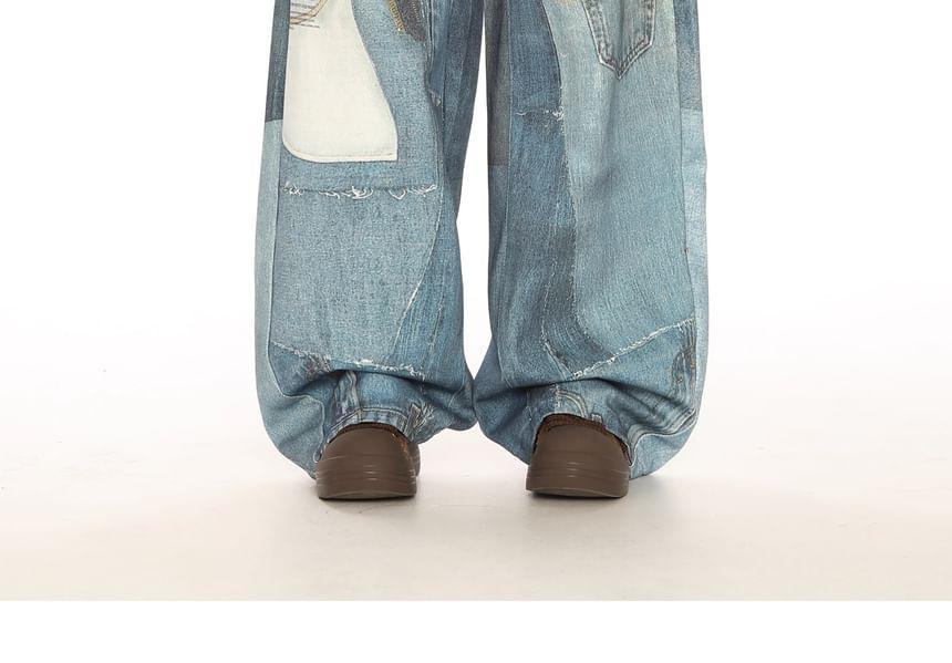 Mid Rise Patchwork Washed Wide Leg Jeans Product Image