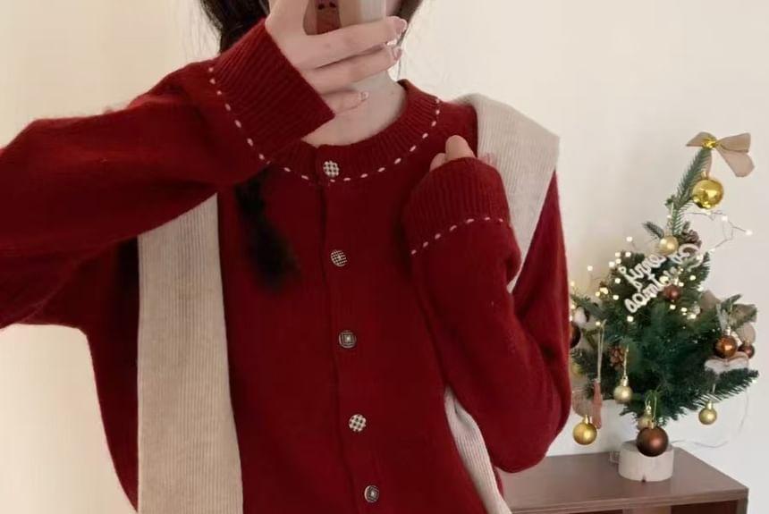 Round Neck Stitching Button Up Cardigan Product Image